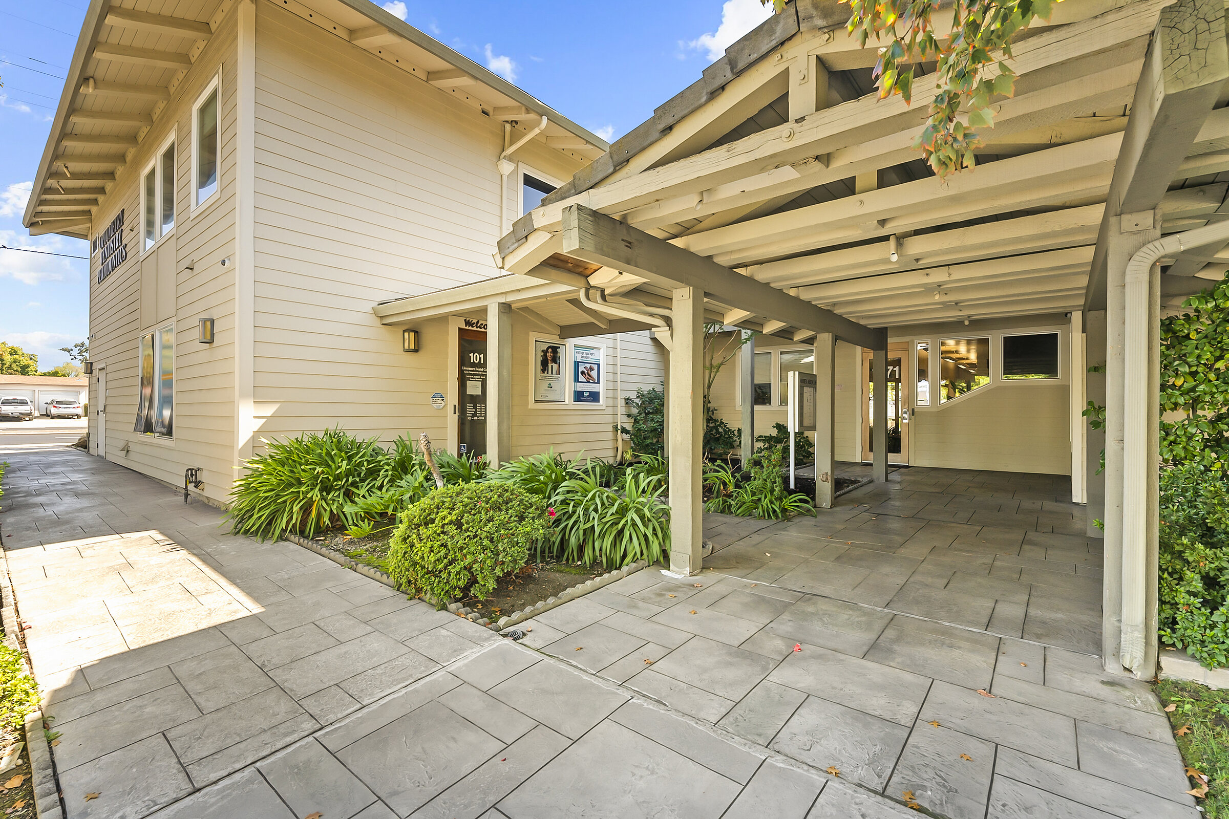 Shaded walkway outside the office entrance