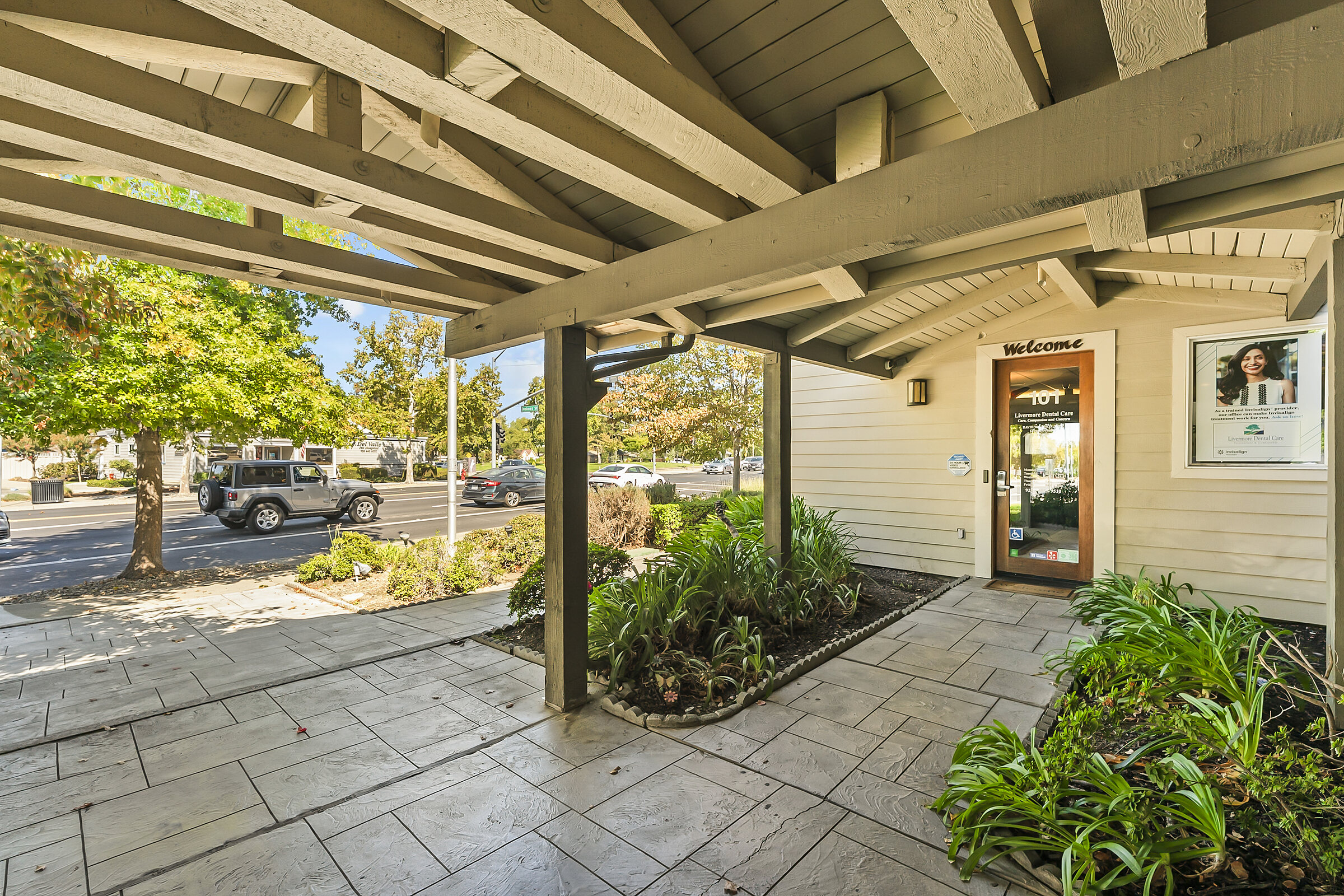 Covered walkway and entrance to the office